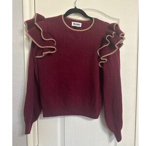 FILORO Women's Ruffle Sleeve Cashmere Crewneck Sweater Dark Red / Merlot